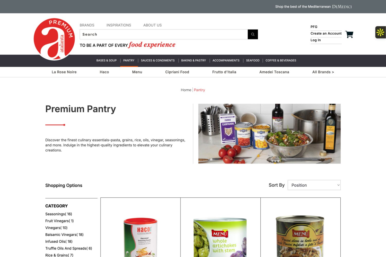 Atalanta Premium Pantry category page with deep faceted navigation and live stock status