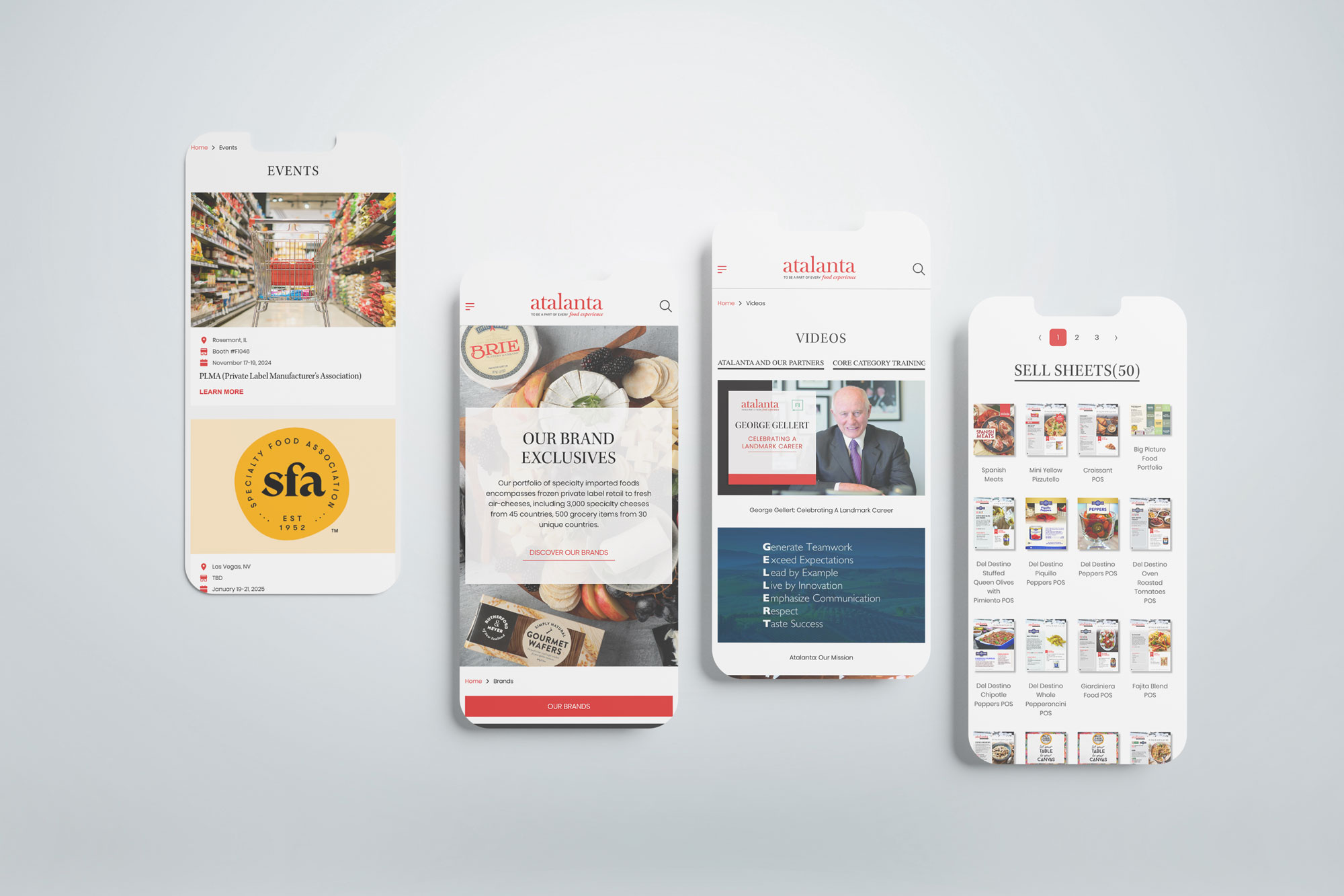 Atalanta site on mobile: events, brands, videos, sell sheets
