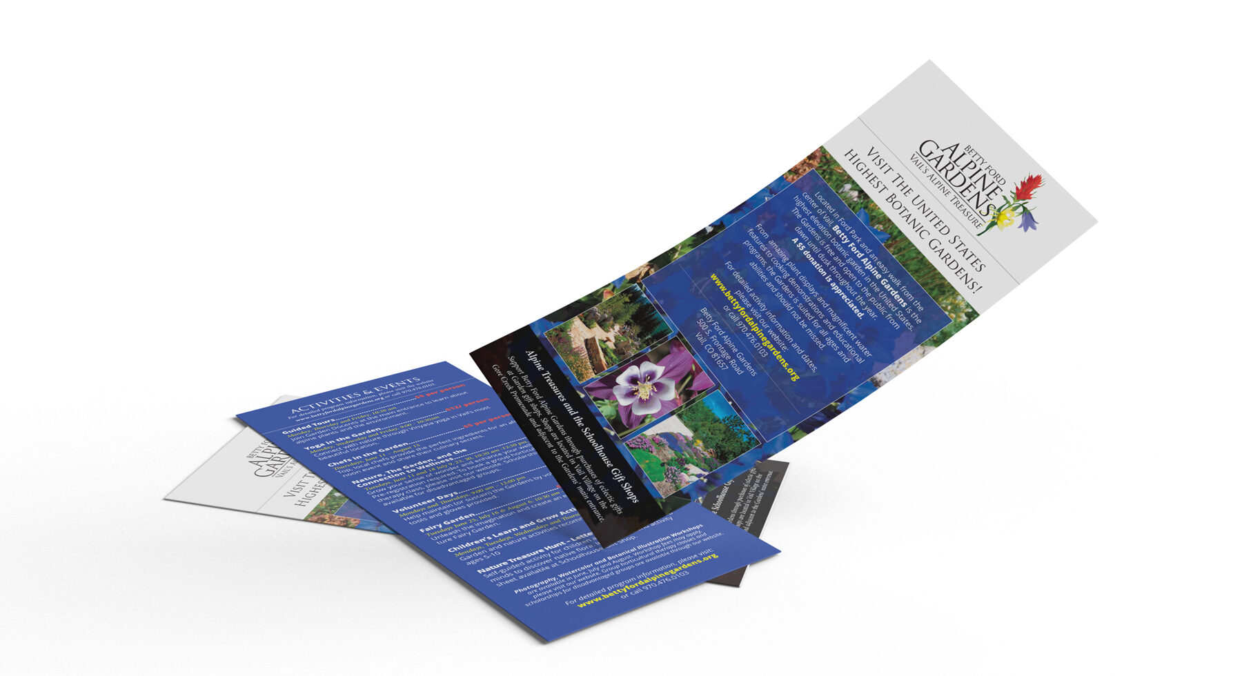 Betty Ford Alpine Gardens rack card: Visit the United States' highest botanic gardens, with activities and events listings