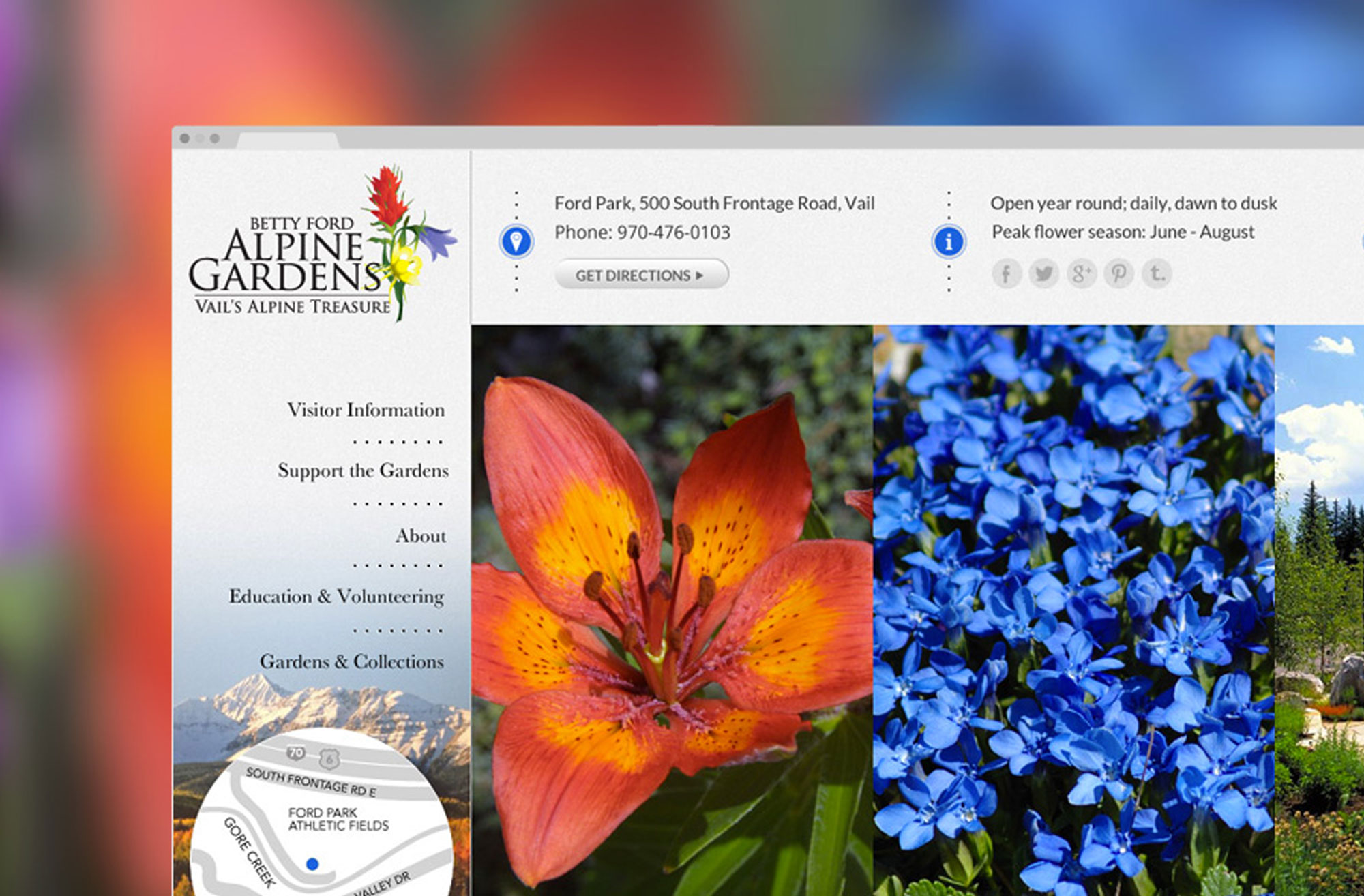 Betty Ford Alpine Gardens website with visitor information sidebar, location map, and full-bleed flower photography