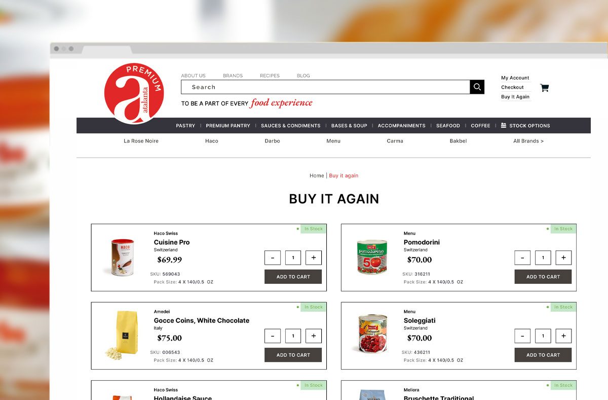 Buy It Again reorder page listing previously purchased items with quantity and case pack