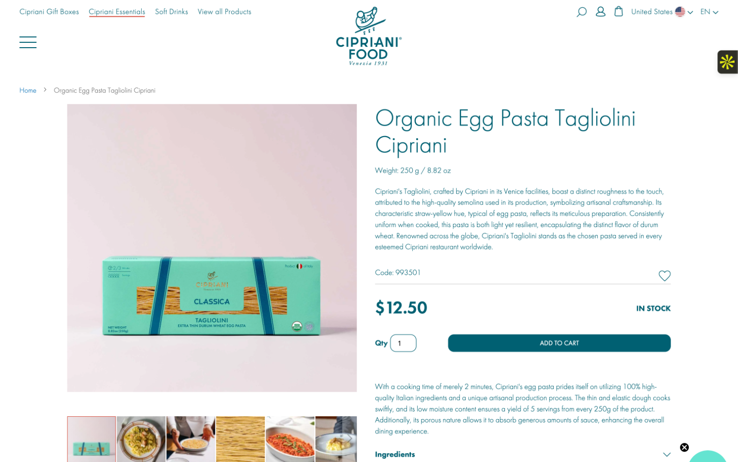 Cipriani Food product page for Organic Egg Pasta Tagliolini with price, stock status, and add to cart