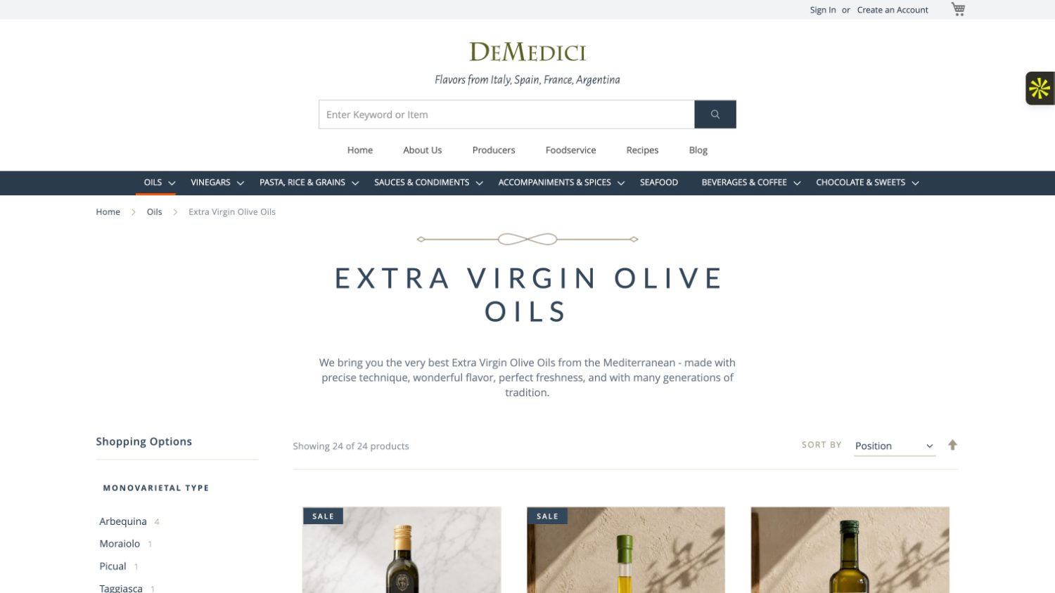 De Medici category page with faceted filtering by monovarietal type, oil type, and fruitiness