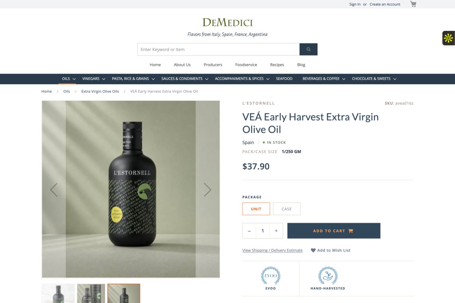 De Medici product page with unit and case options, pack size, origin, and producer story