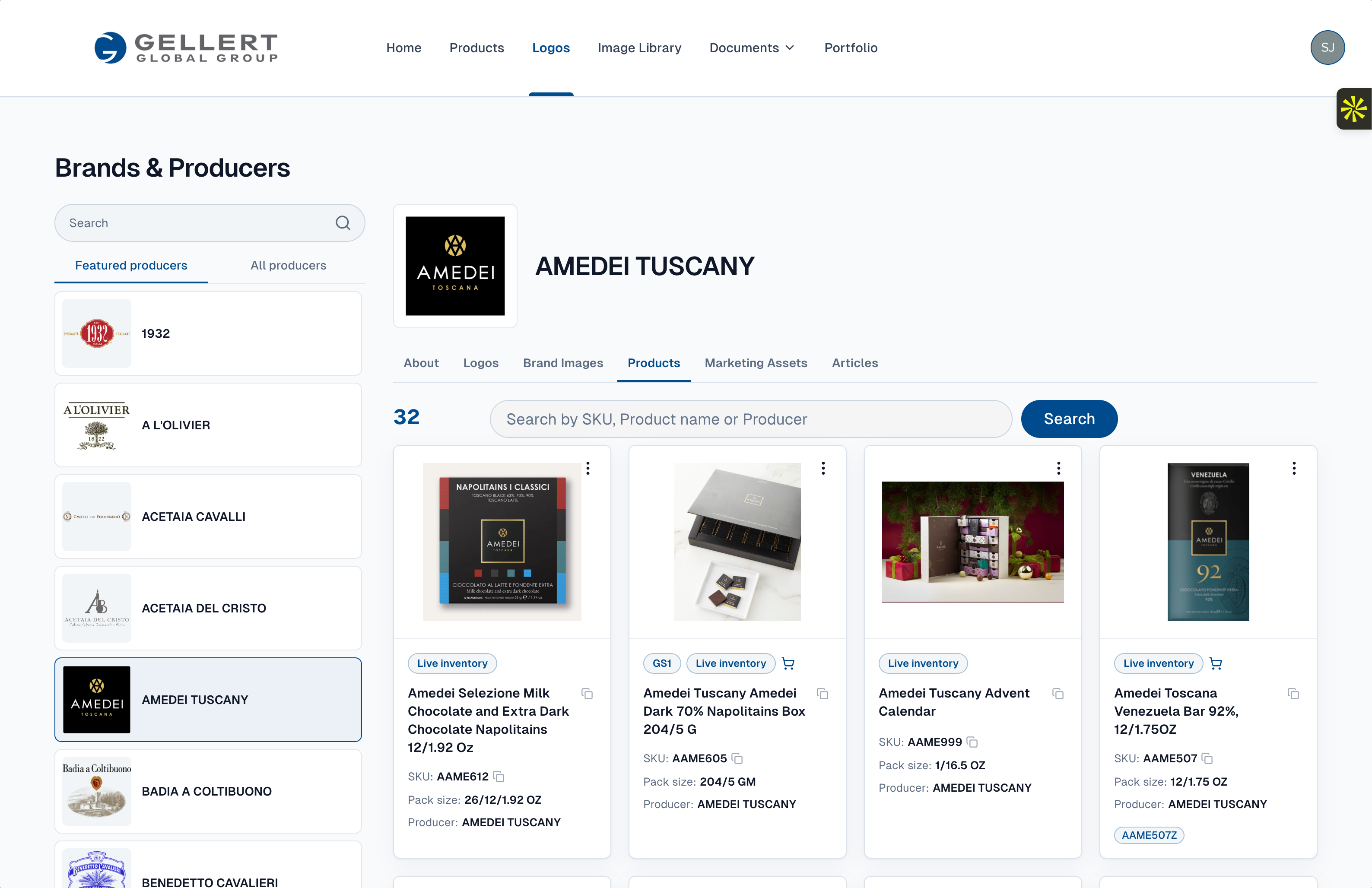 Brand and producer record with logos, images, products, and marketing assets
