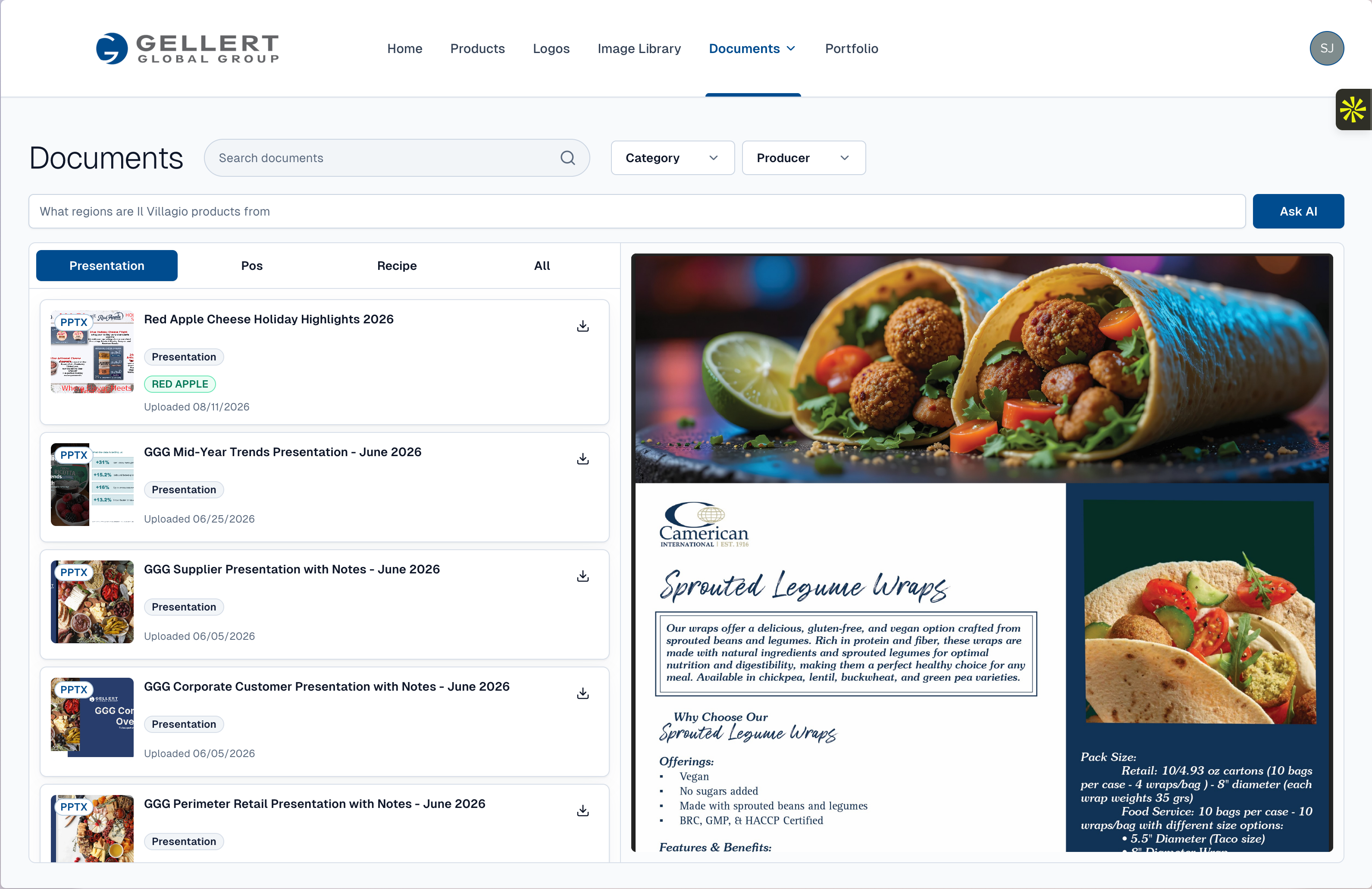 Document library with AI search and in-browser sell sheet preview