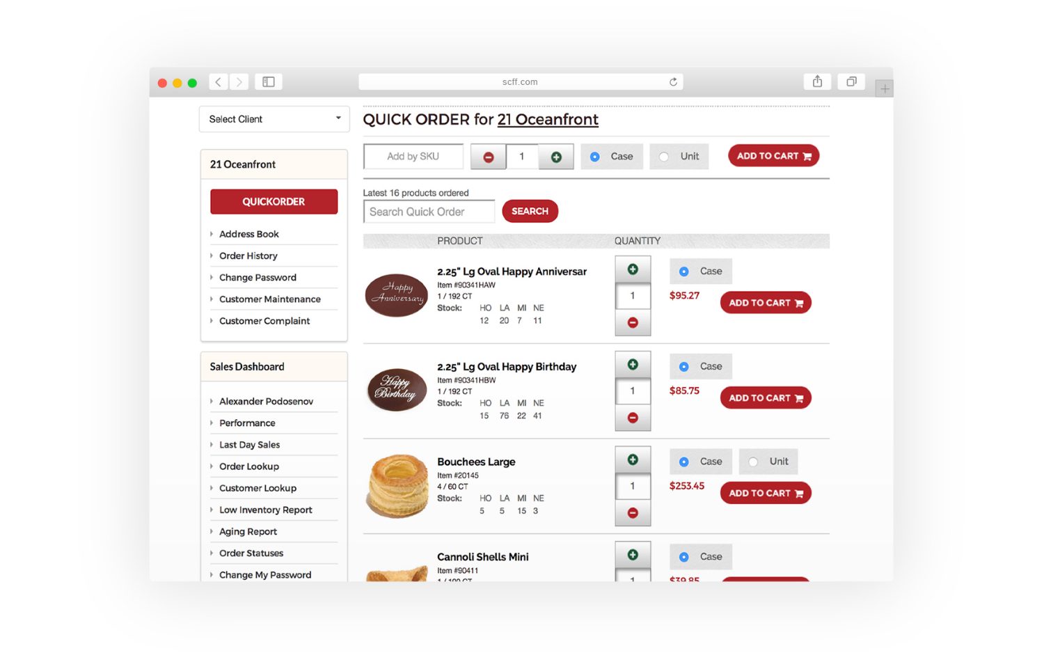 Quick order screen where a rep selects a client and reorders recent products by case or unit