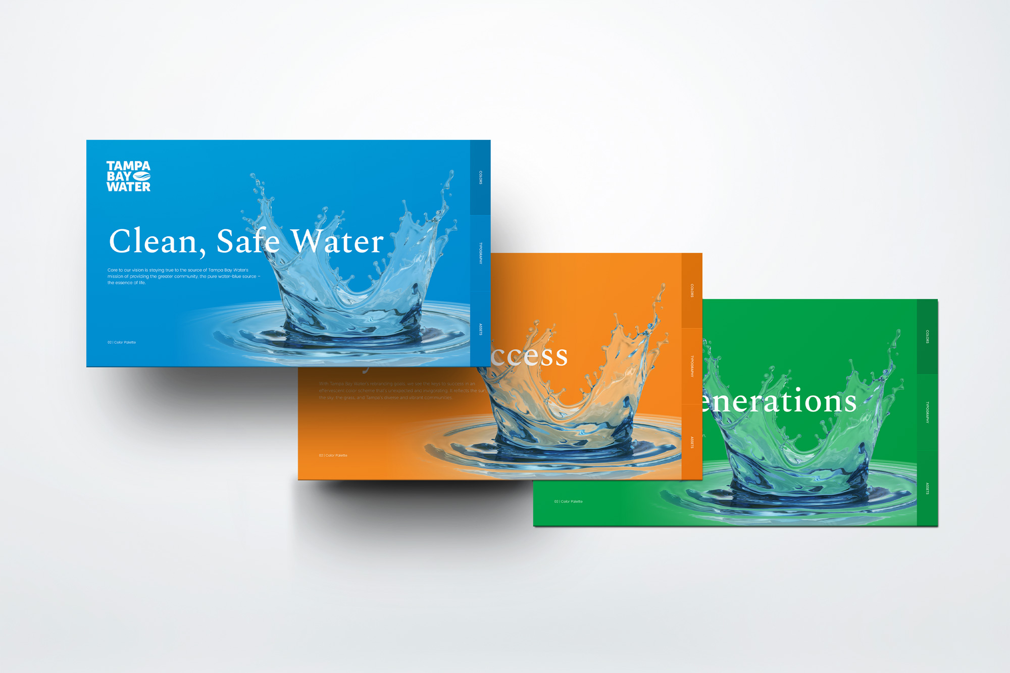 Tampa Bay Water brand slides in blue, orange, and green