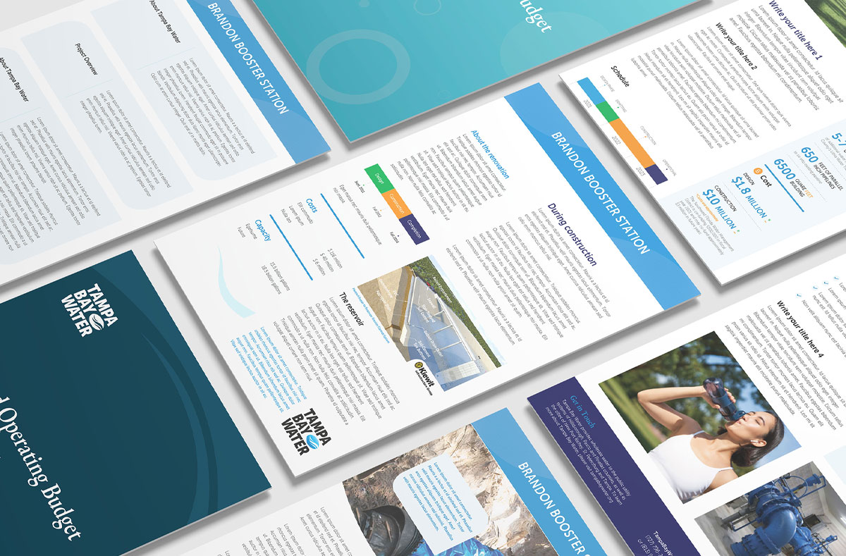 Tampa Bay Water print collateral: budget covers, project brochures